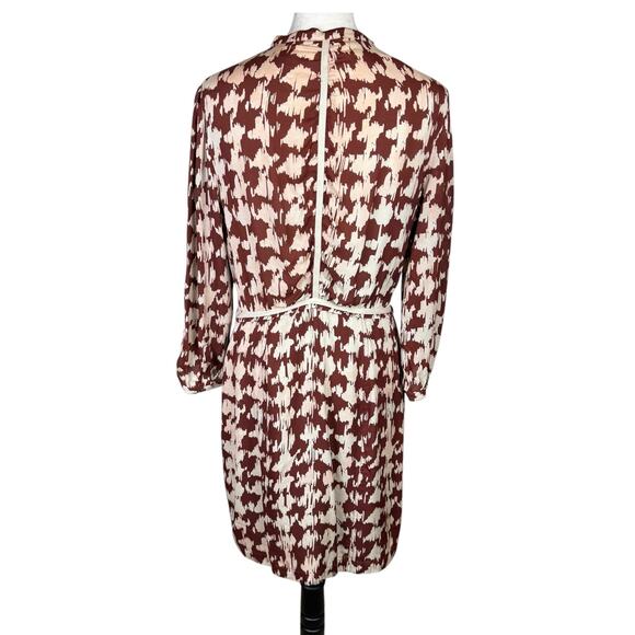 Burberry Brit 12 100% Silk Brown Tan Houndstooth 3/4 Sleeve Button Mini Dress - Picture 2 of 13